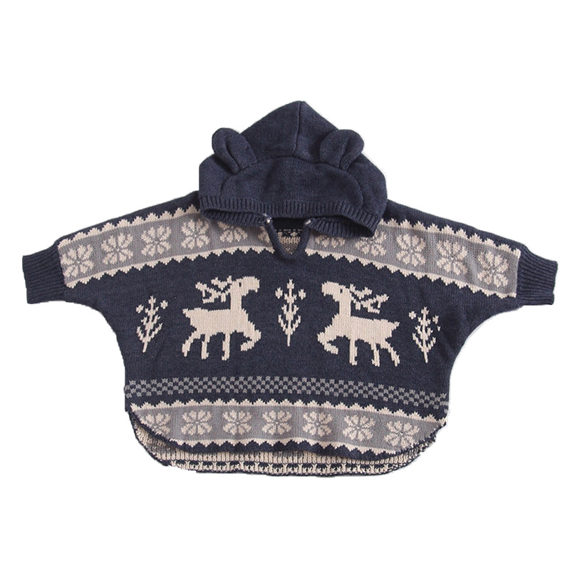 P18B038BE kids autumn winter knitted merino wool cute jacquard design cloak shawl