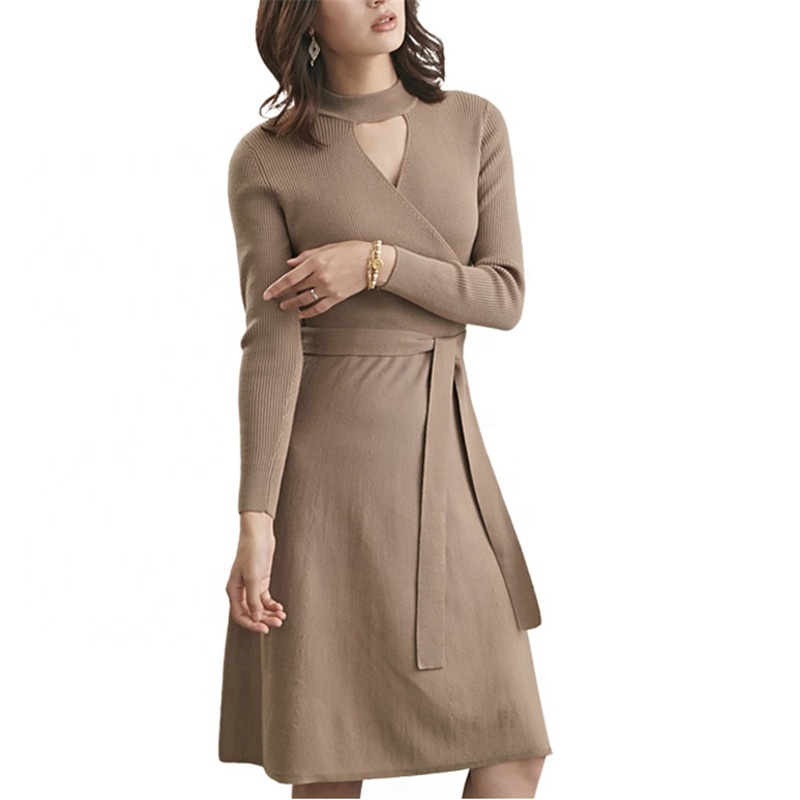 P18B184CH knit cotton cashmere long sleeve fitted cut out v neck knitted lady sweater dress