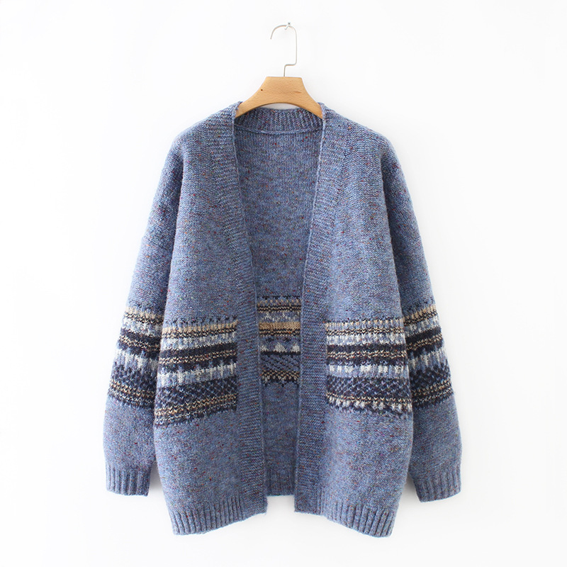 2019 Spring Women's Wool Cashmere Knit Blank Sweater Cardigan with Striped Jacquard