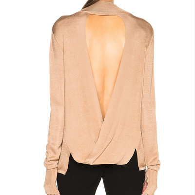 P18B054CH Woman silk cashmere spring autumn sexy knit long sleeves bare back pullover sweater with thumb hole