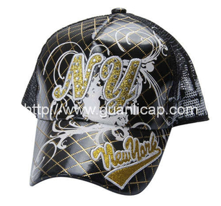 5-panel PU fashion mesh cap with embroidery