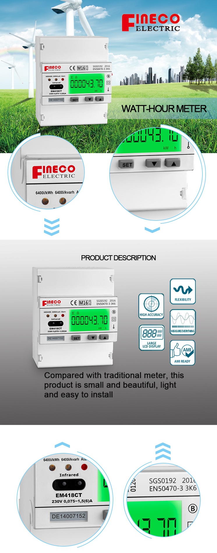 EM418 CT MID approved Single Phase multifunction meters multirate