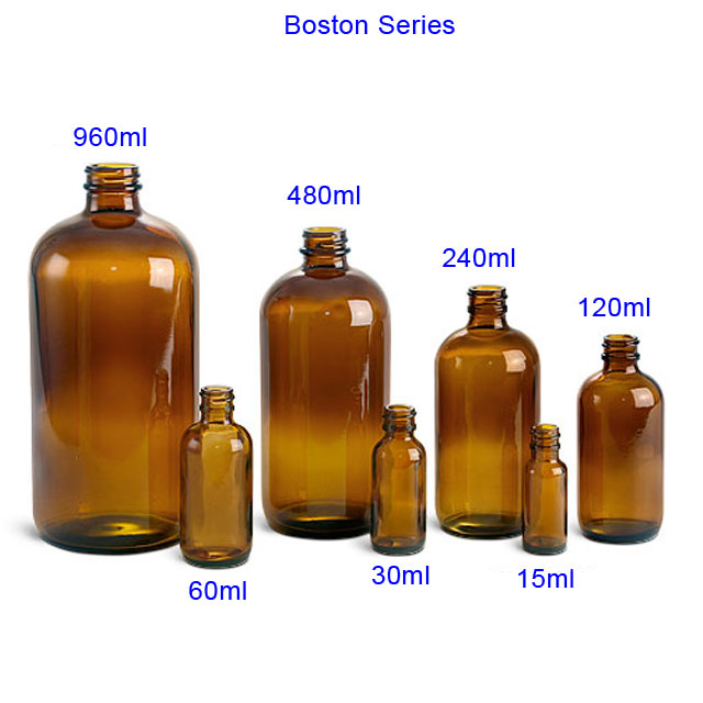Круглые бутылки Бостон янтарные стеклянные