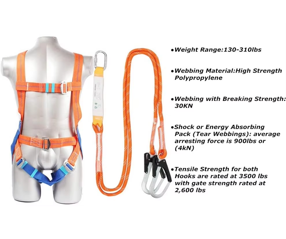 Outdoor Fall Protection Full Body Safety Harness with Shock Absorber Lanyard