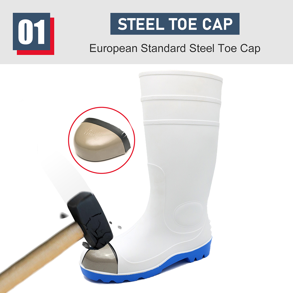 Waterproof oil acid resistant white pvc safety rain boots with steel toe