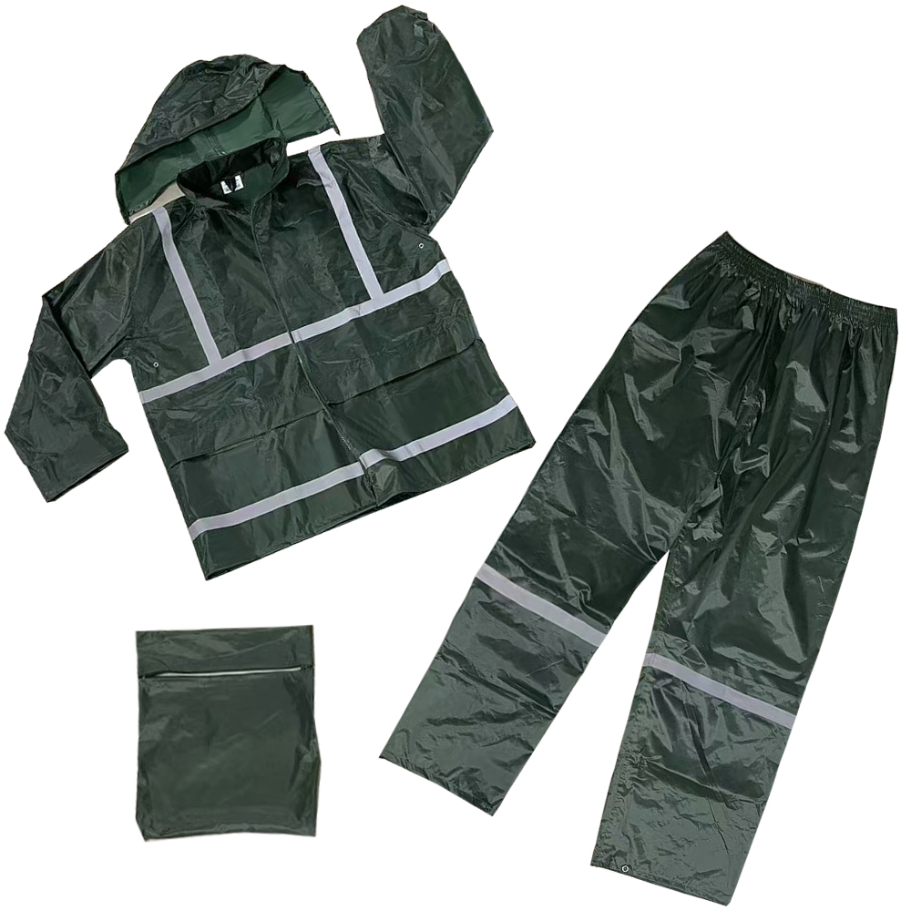 Green Waterproof Hi-vis Reflective Raincoat 170T Polyester