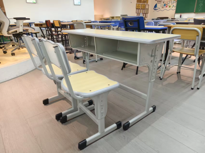 Modern Design School Furniture Double Student Table and Chair Adjustable Children Wood 2 Seats Desk and Chairs