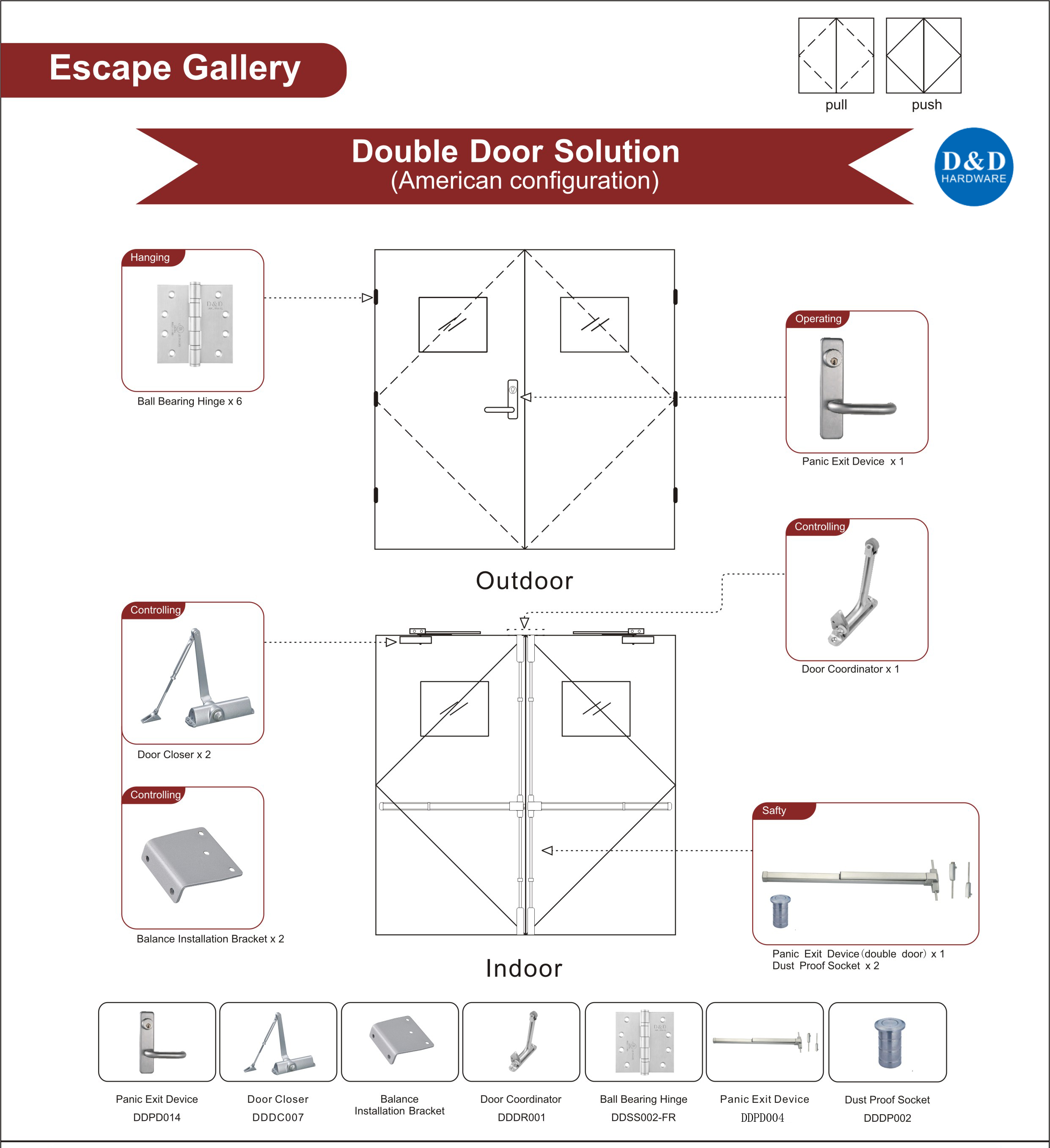 Perangkat Keras Pintu Kayu Dinilai Api Untuk Escape Gallery Double Door