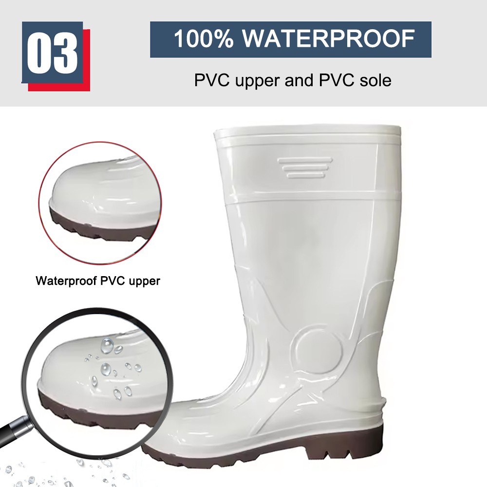 CE Waterproof Anti Slip White Shiny Pvc Safety Rain Boots with Steel Toe