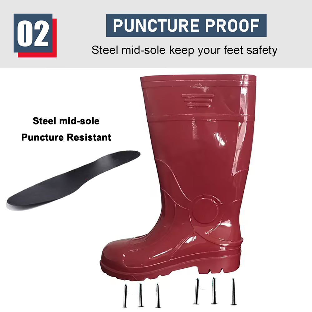 Anti Slip Waterproof Red Shiny Pvc Safety Rain Boots with Steel Toe