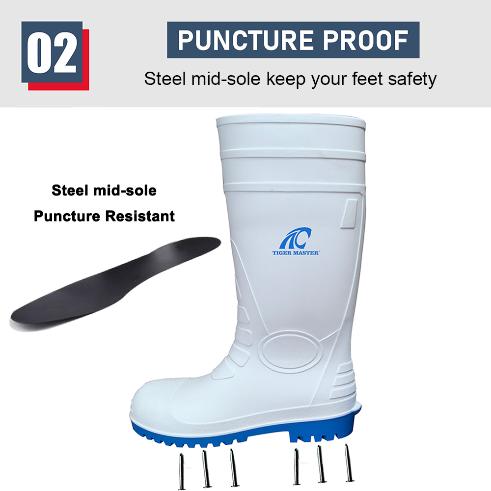 Waterproof White PVC Safety Rain Boots with Steel Toe