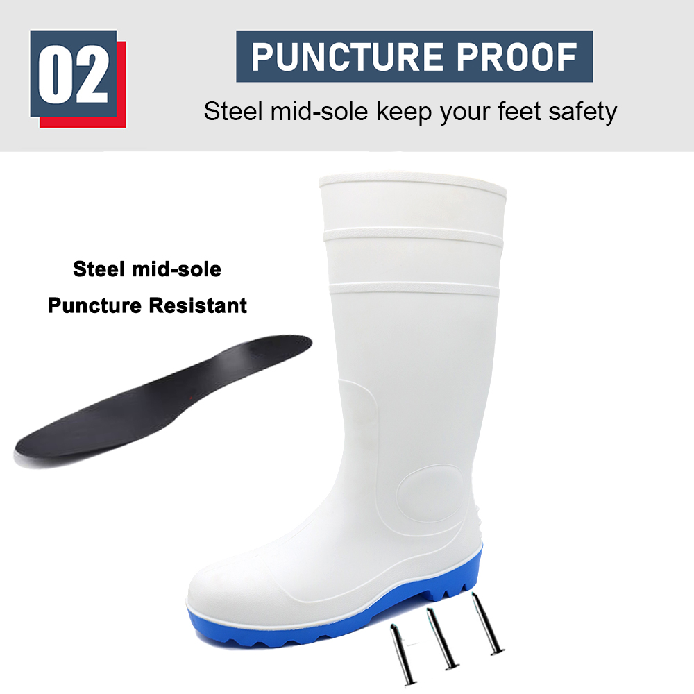 Waterproof oil acid resistant white pvc safety rain boots with steel toe