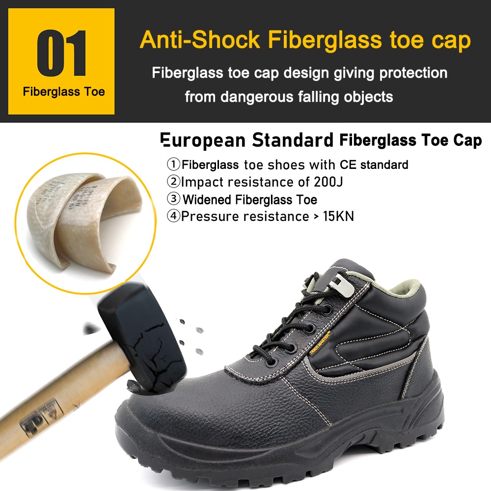 Black Leather Metal Free Safety Shoes with Fiberglass Toe