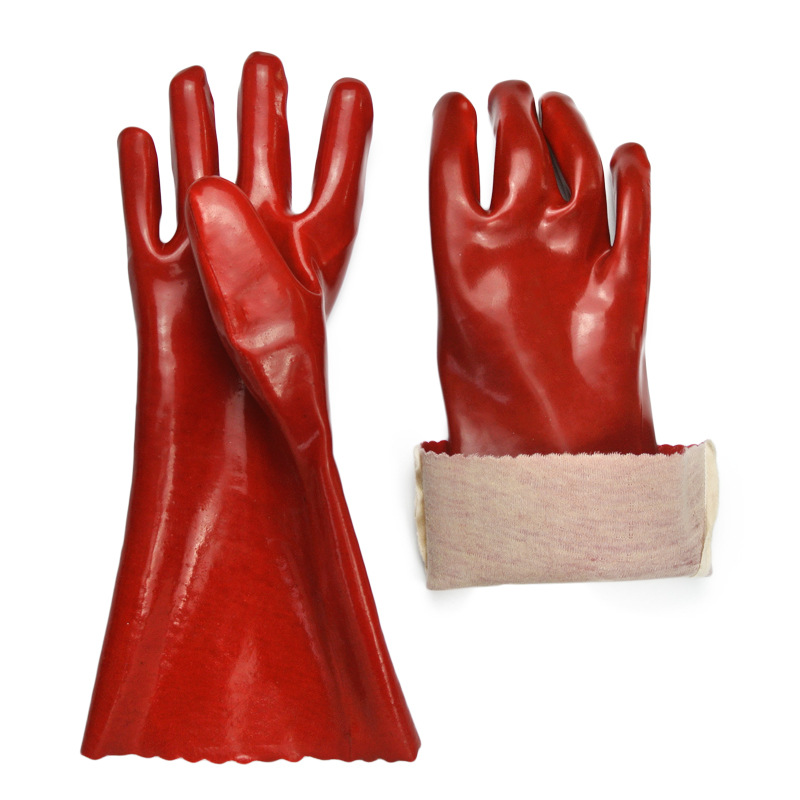 45cm Waterproof Red PVC Industrial Gloves Oil Chemical Resistant 