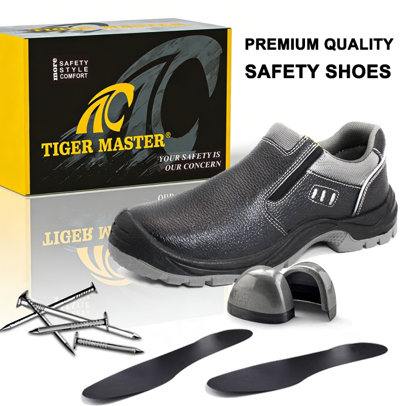 Steel Toe Anti Puncture No Lace Safety Shoes Black Leather