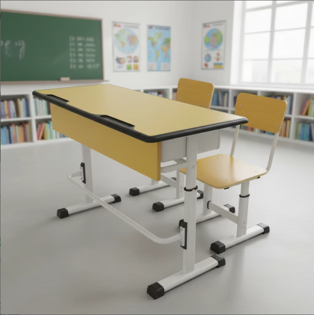 Modern Design School Furniture Double Student Table and Chair Adjustable Children Wood 2 Seats Desk and Chairs