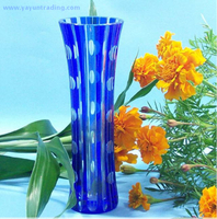 Cobalt blue Bohemian Czech hand etched glass flower vase 