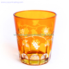  orange and yellow color hand etched glass candle holder