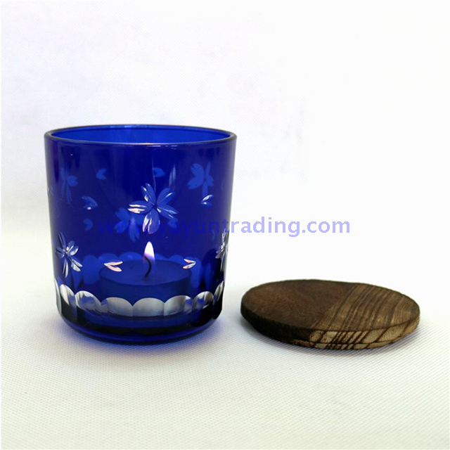 home decoration glass candle holder with wooden lids