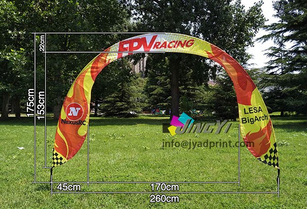 cheap Sports race printed fabric custom entrance arch gate event display flag banner, advertising rainbow race gate display semicircle flag