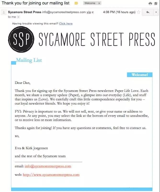 下面这一简洁的邮件示例来自Sycamore Street Press，一家在犹他州的家庭式纸业公司.jpg