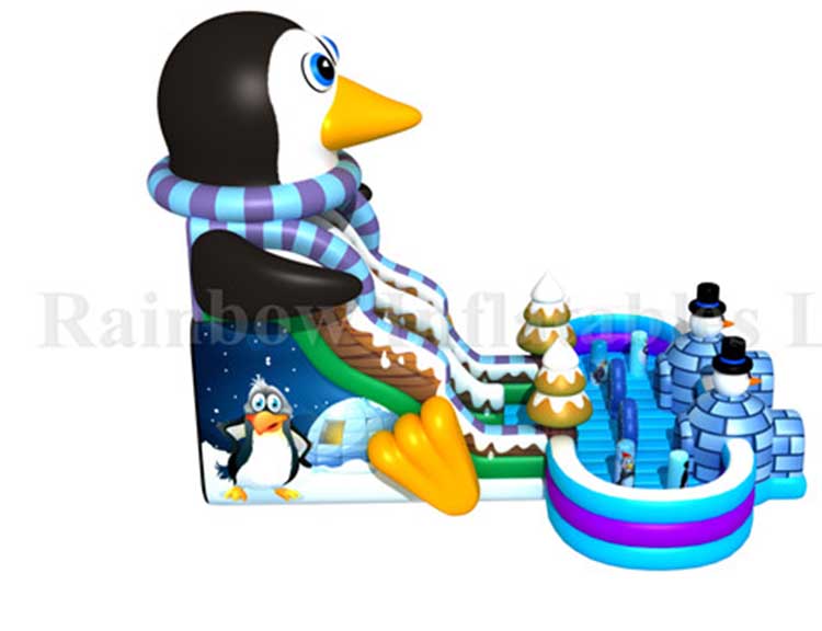 RB01018(13x9.5x9m) Inflatable penguin slide with pool , Inflatable Funcity With Slide For Kids