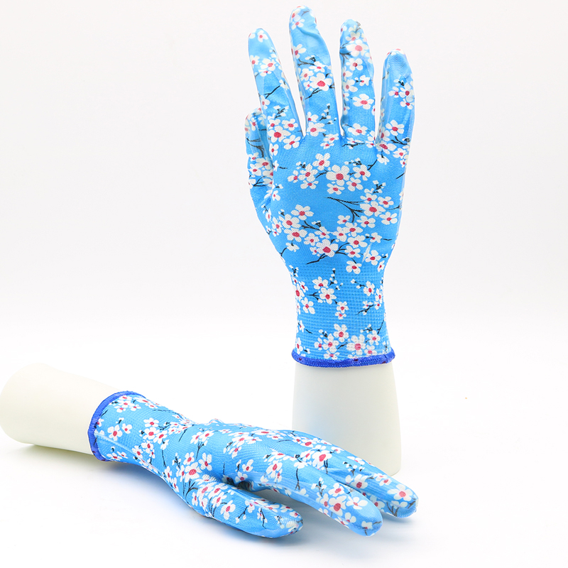 Blue Polyester Liner Fashionable Waterproof Nitrile Floral Gardening Gloves Ladies 