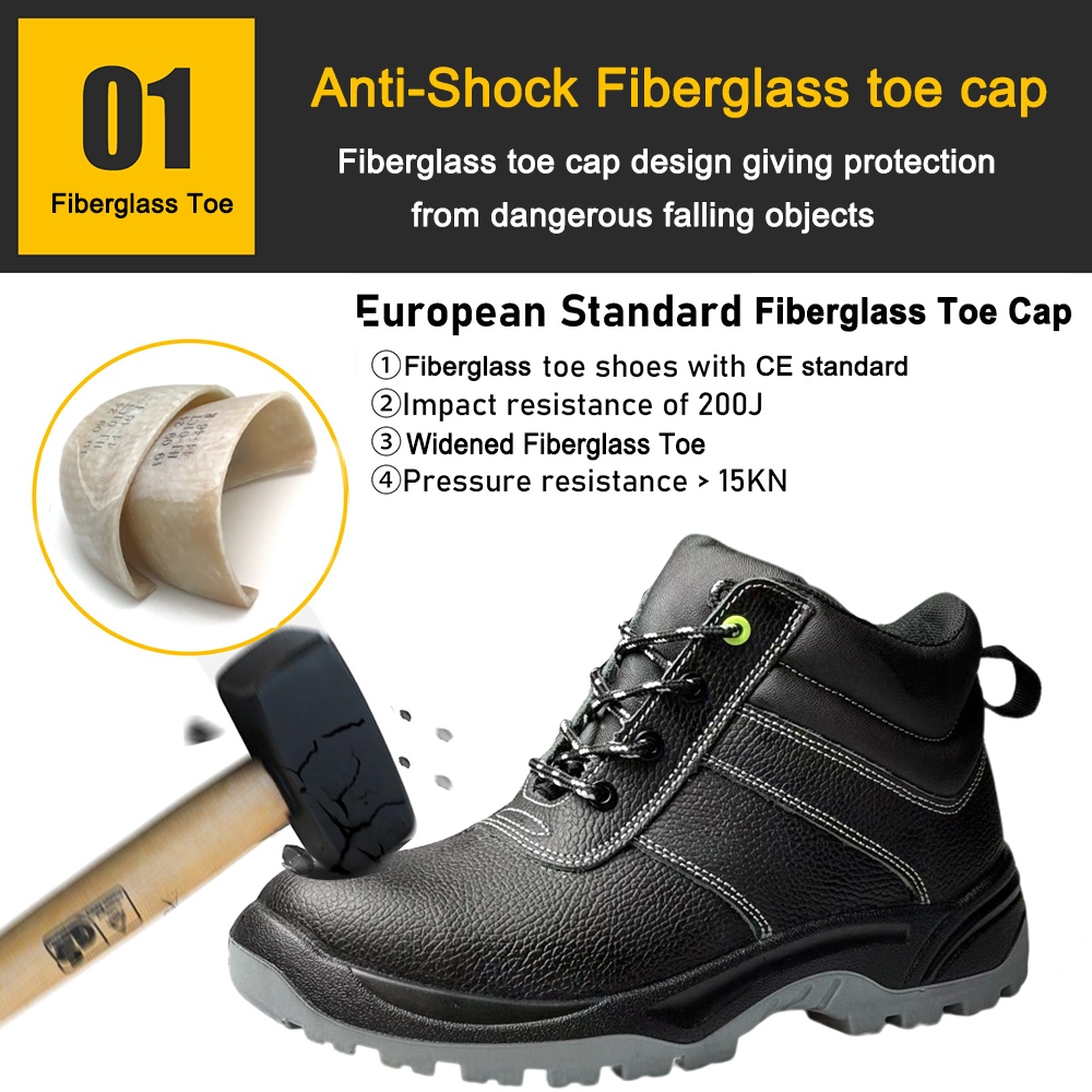 Black Leather Fiberglass Toe Safety Shoes for Men Industrial