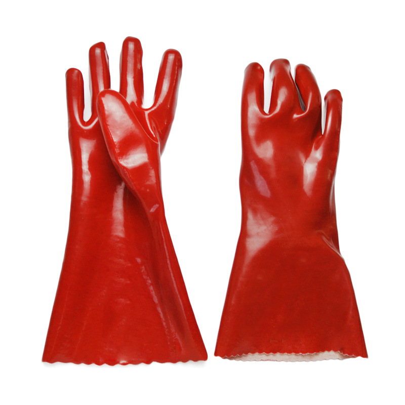 45cm Waterproof Red PVC Industrial Gloves Oil Chemical Resistant 