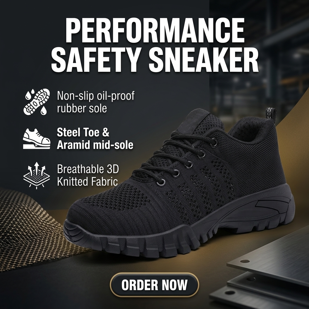Steel Toe Breathable Sports Safety Shoes Black Rubber Sole