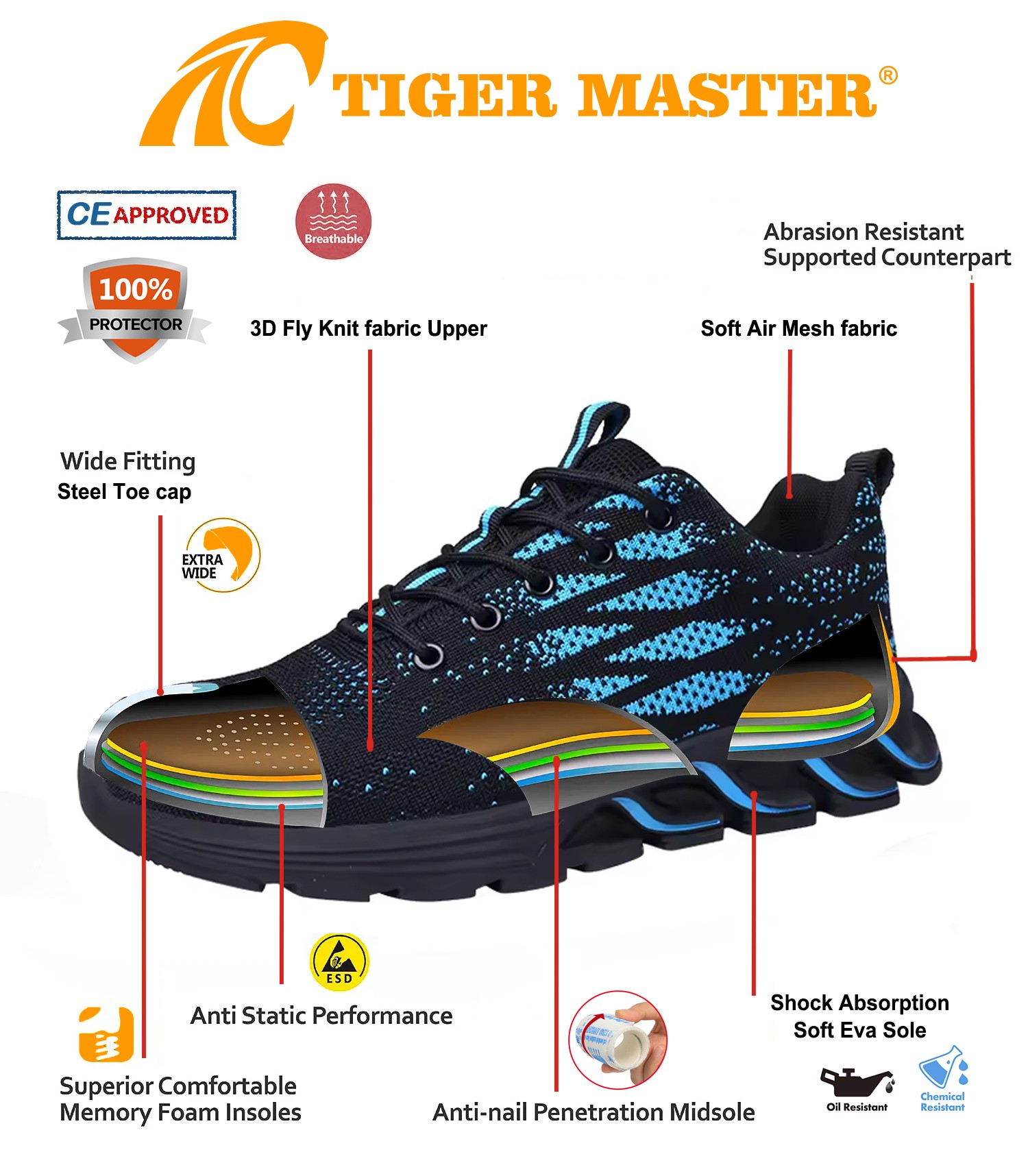 Lightweight Comfortable Sport Safety Shoes with Steel Toe