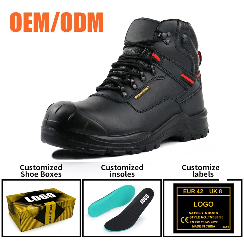 Black Leather Steel Toe Work Boots for Industrial