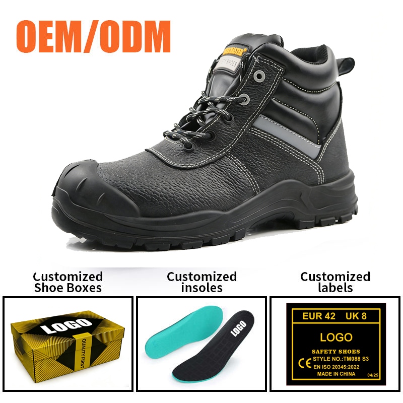Steel Toe Black Leather Industrial Safety Boots for Men