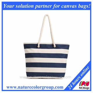 Canvas Stripe Beach Tote Bag with Rope Straps Handles