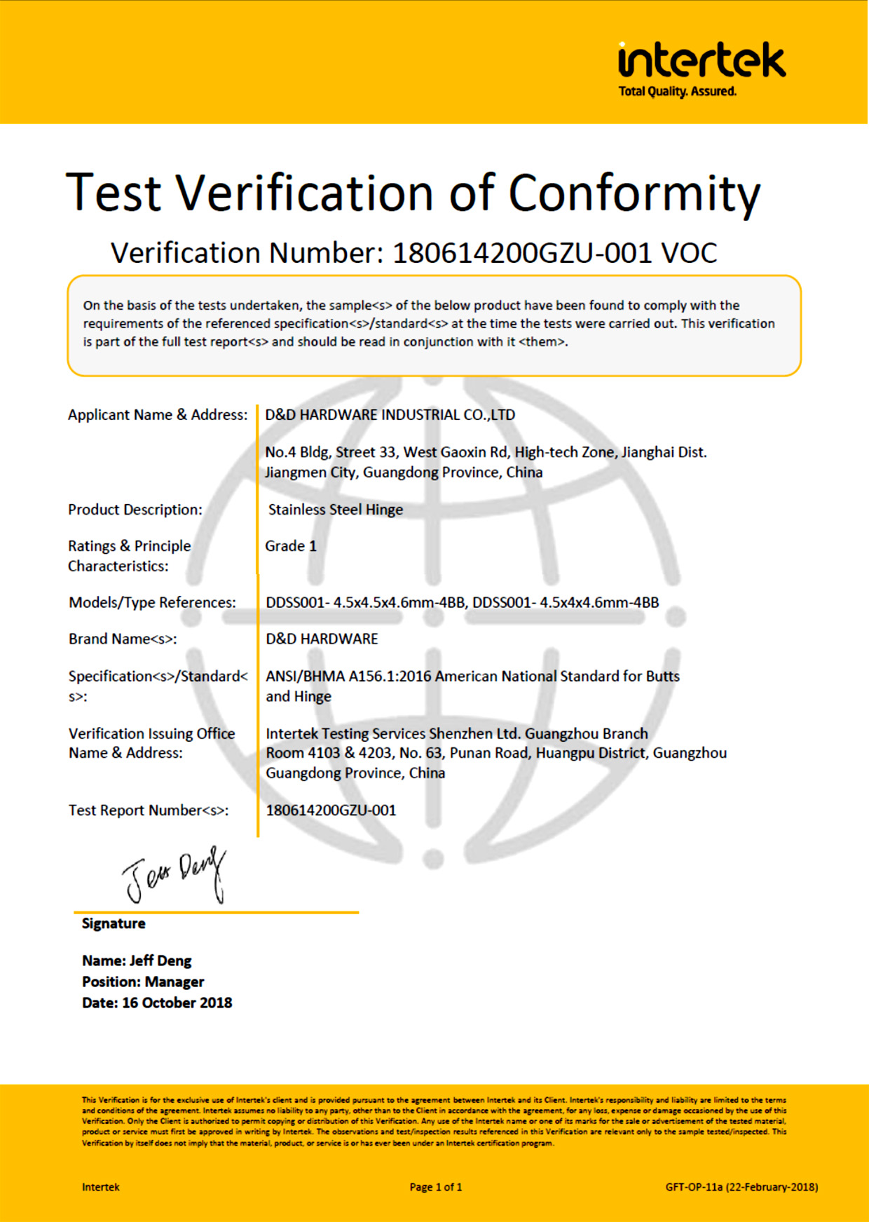 Ansi Grau 1 Porta Dobradiça -Certificate-DD Hardware
