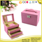 Pink Italian PU Leather 3 pieces Flat Top Jewelry Box Locked and mirrored
