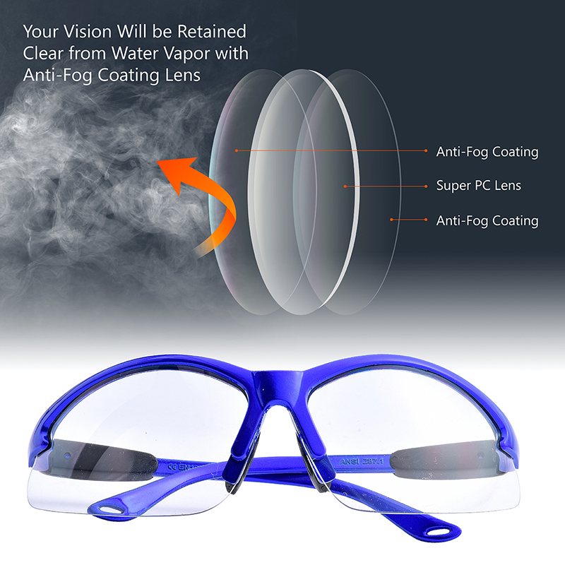 Anti Scratch Dust Proof Anti Fog Clear PC Lens Blue Frame Safety Eye Glasses