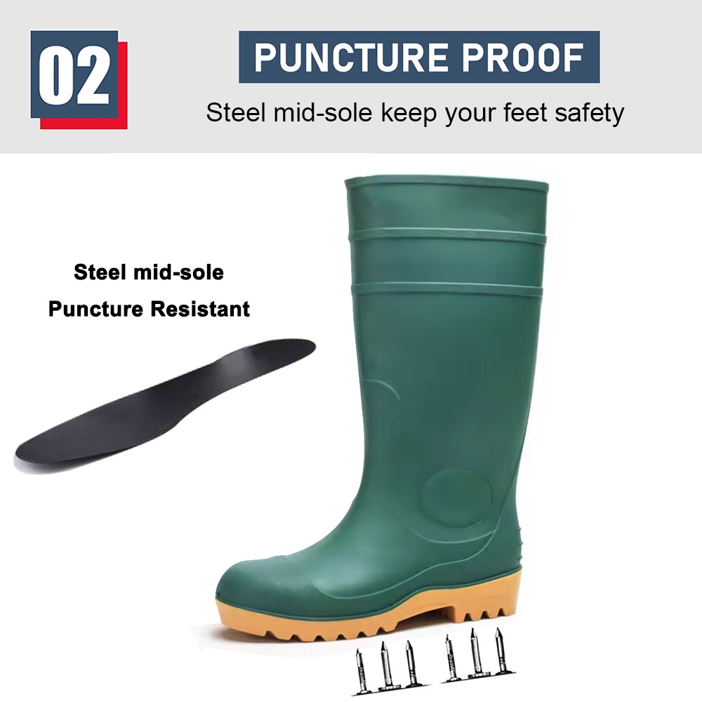 CE Verified Green PVC Knee High Safety Rain Boots with Steel Toe 