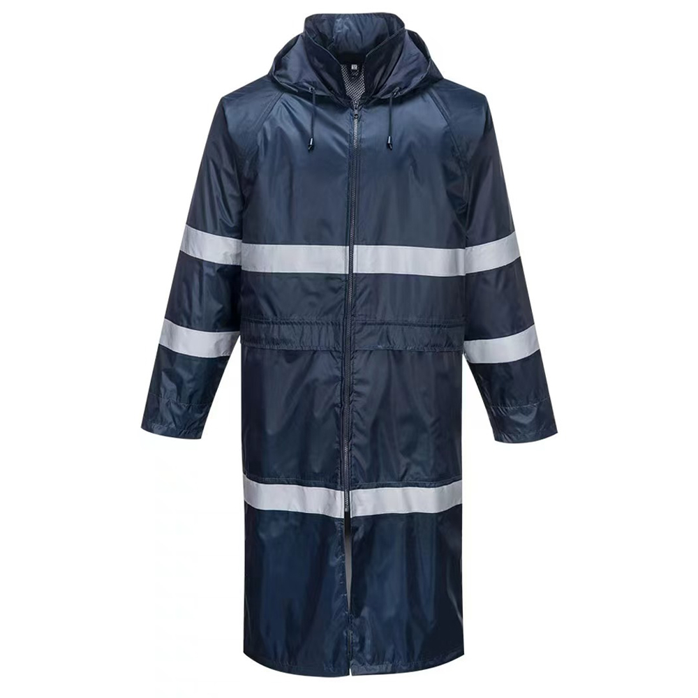 Navy Blue Waterproof Polyester PVC Hi-vis Reflective Raincoat