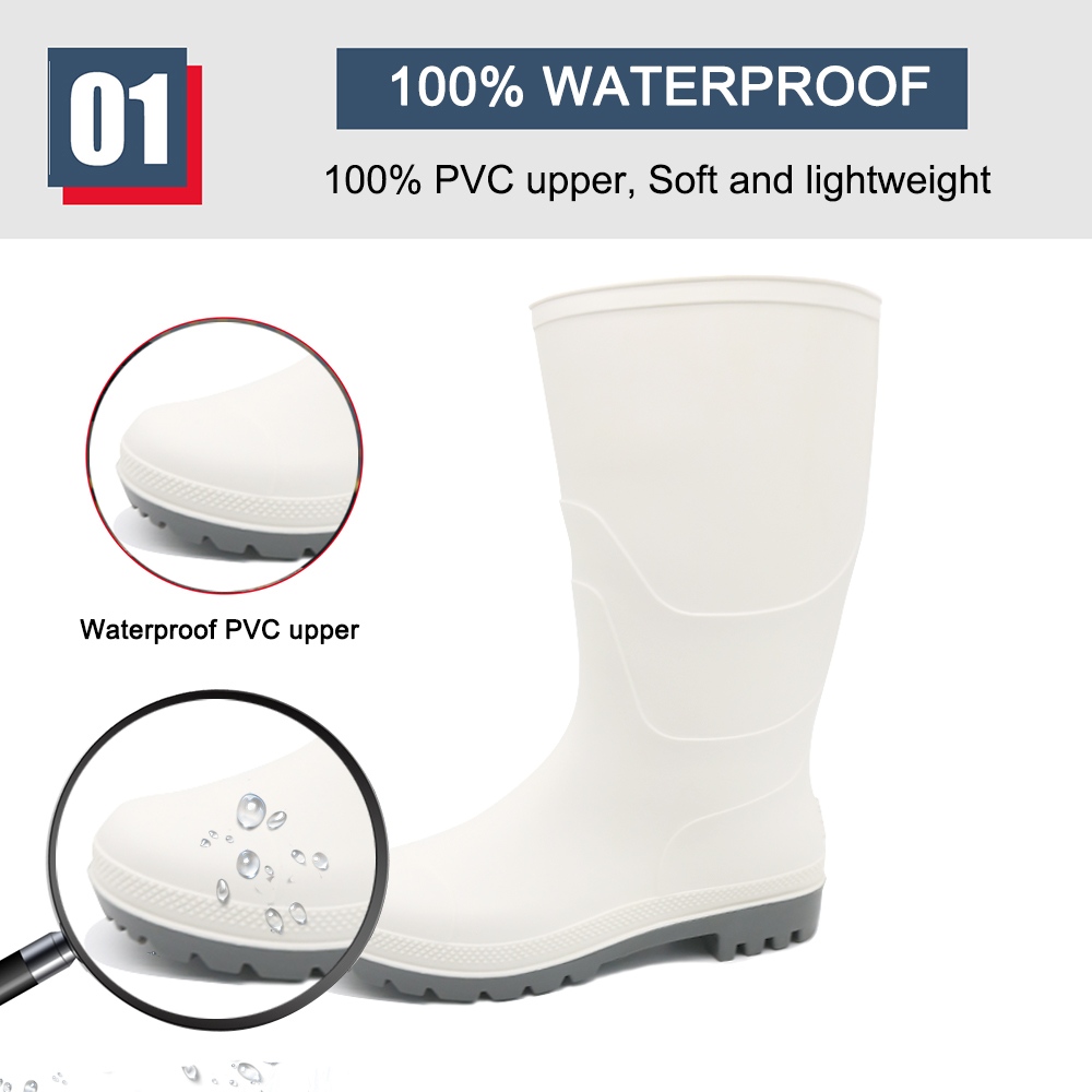 Waterproof White Pvc Rain Boots for Food Industry Non-slip