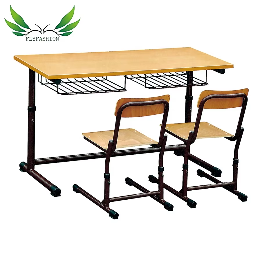 Cheap Wholesale Wooden School Furniture Double Student Desk And Bench with Three Drawers