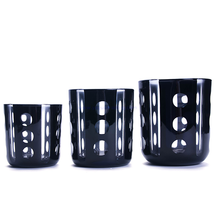 luxury hand engraved black set of 3 glass candle containers 
