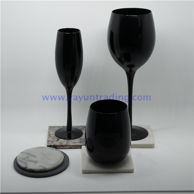 Classical Pure Black Egg Shape Glass Wine Cup with Stone And Slate Cup Mats