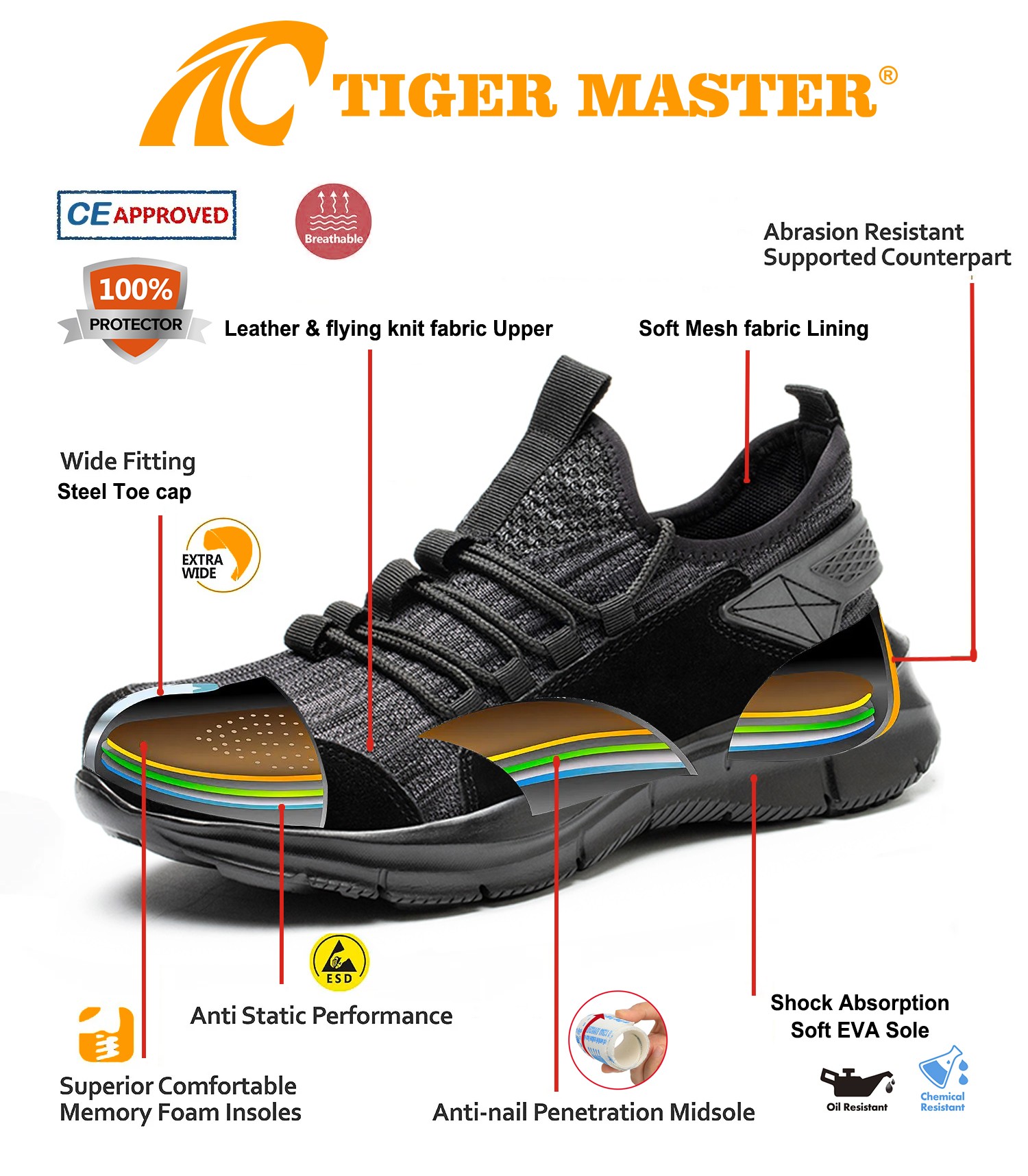 Warehouse Comfort Sport Safety Shoes With Steel Toe