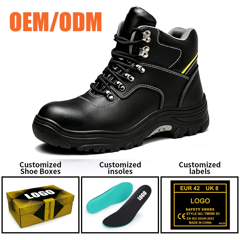 Anti-slip Black Leather Mining Safety Boots with Steel Toe