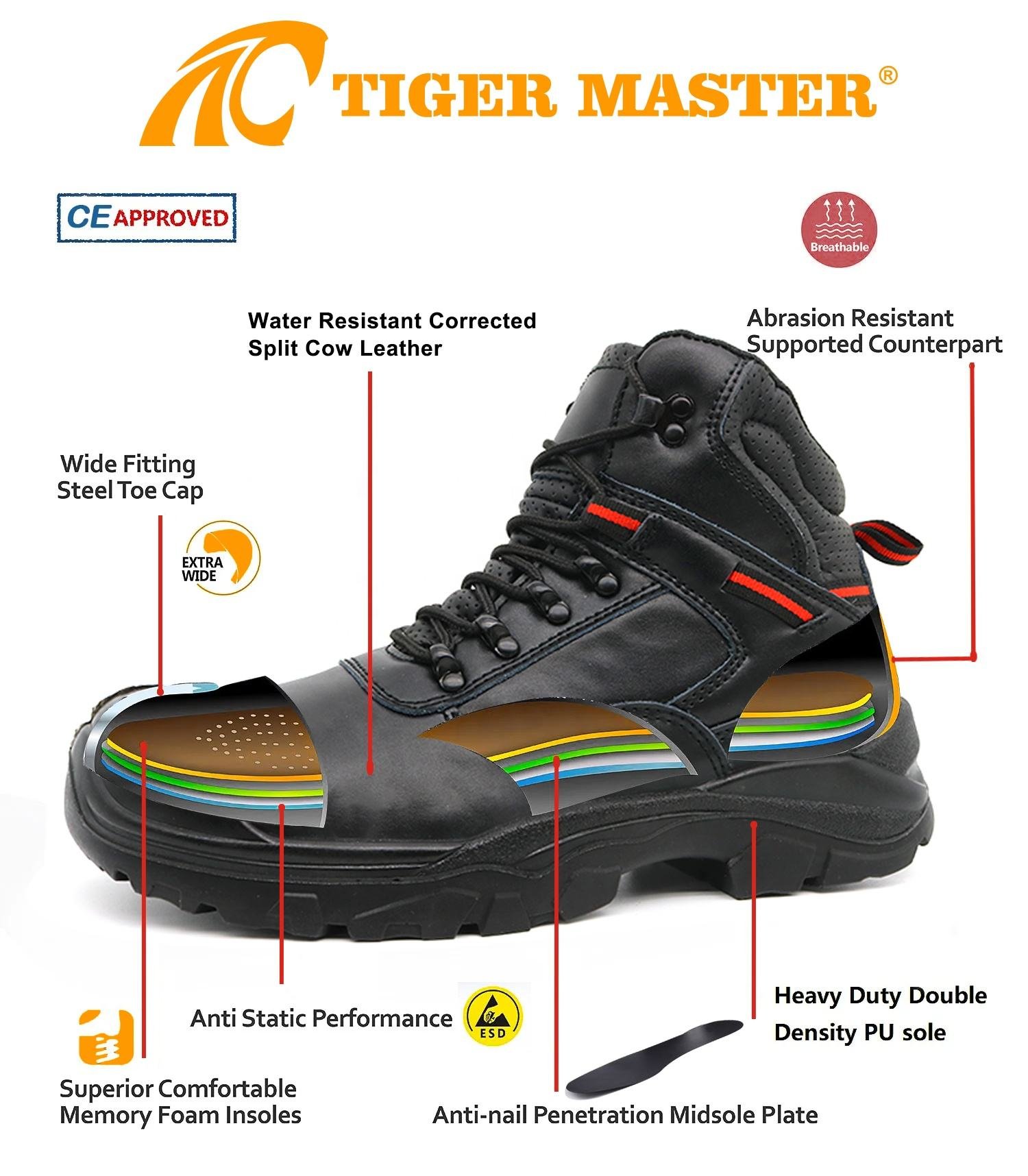 Black Leather Steel Toe Safety Shoes for Construction