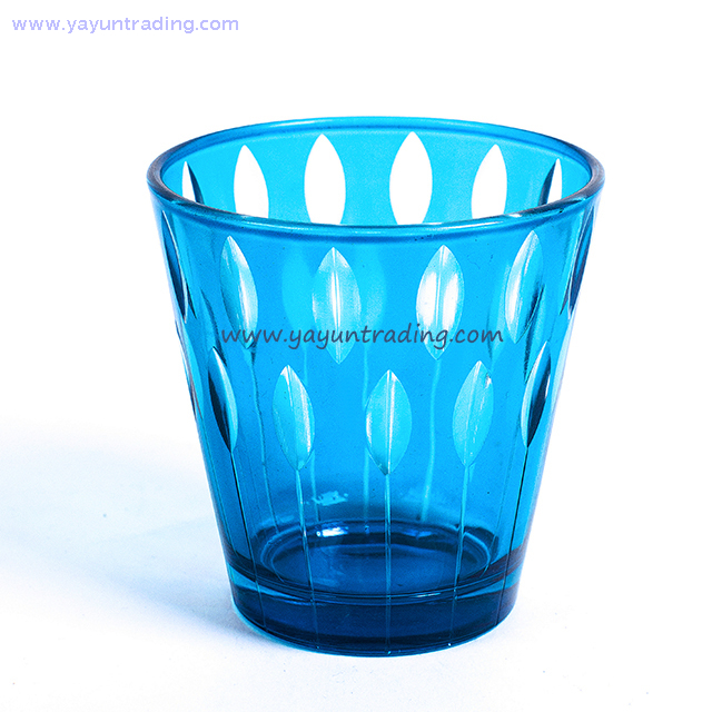 Blue Serious Leaf Pattern Hand Made Glass Candle Vessel for Home Decoration