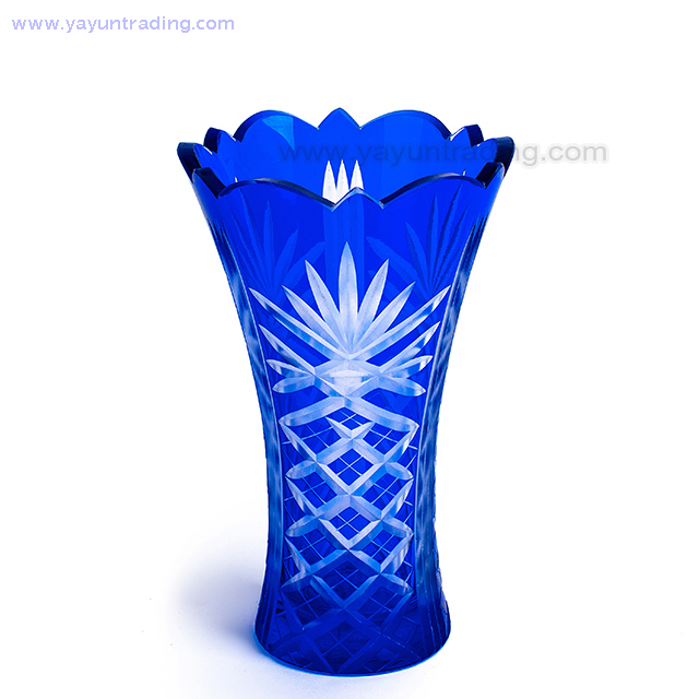 Bohemian Czech Hand Cutting Cobalt Blue Glass Flower Vase for Decoration