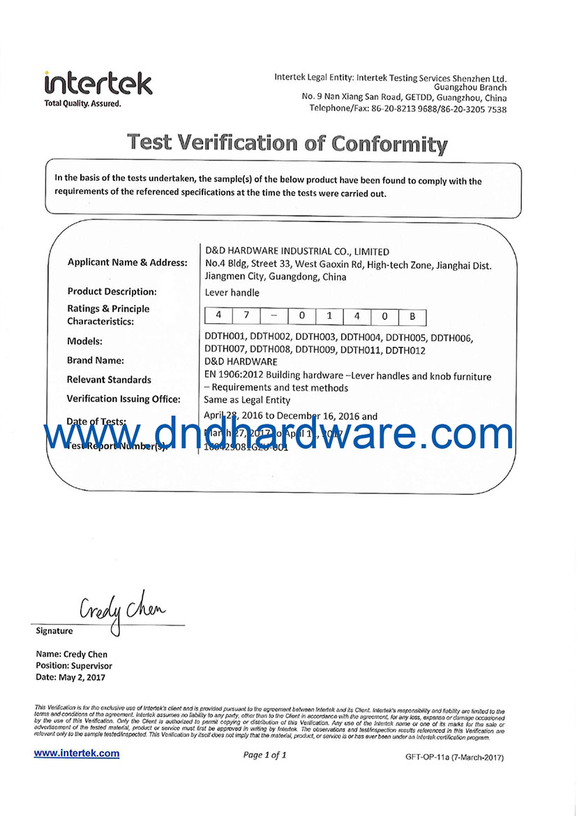 EN 1906 Grau 4 Certificado-D & D Hardware