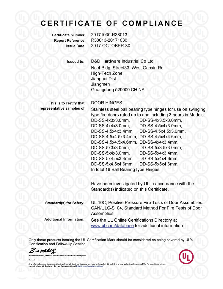 D & D Hardware- Certificação UL R38013-18 Tamanhos no total